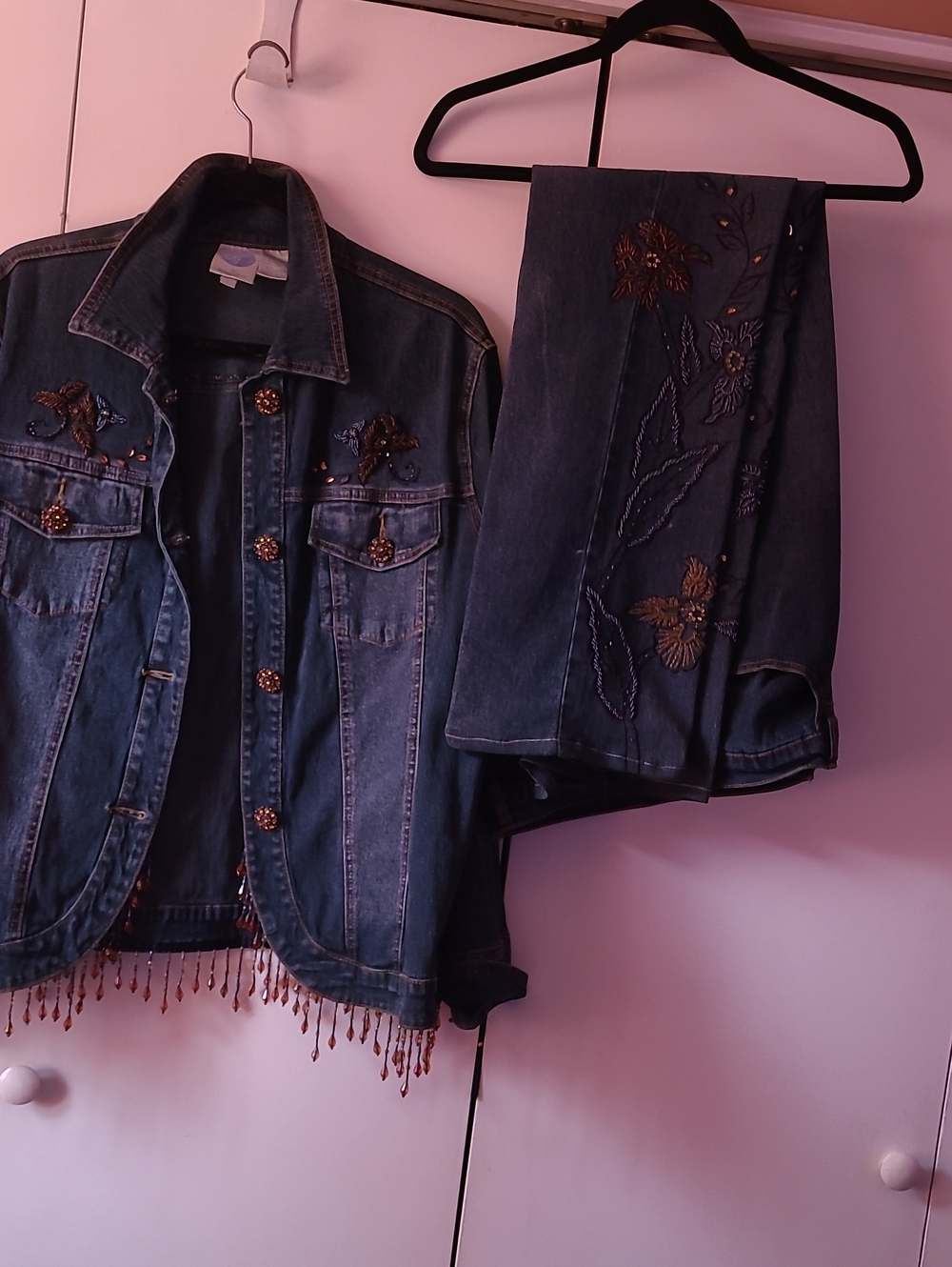Embellished Blue Denim Jeans And Jacket DG2 STRATCH for Women - Floral Detail
